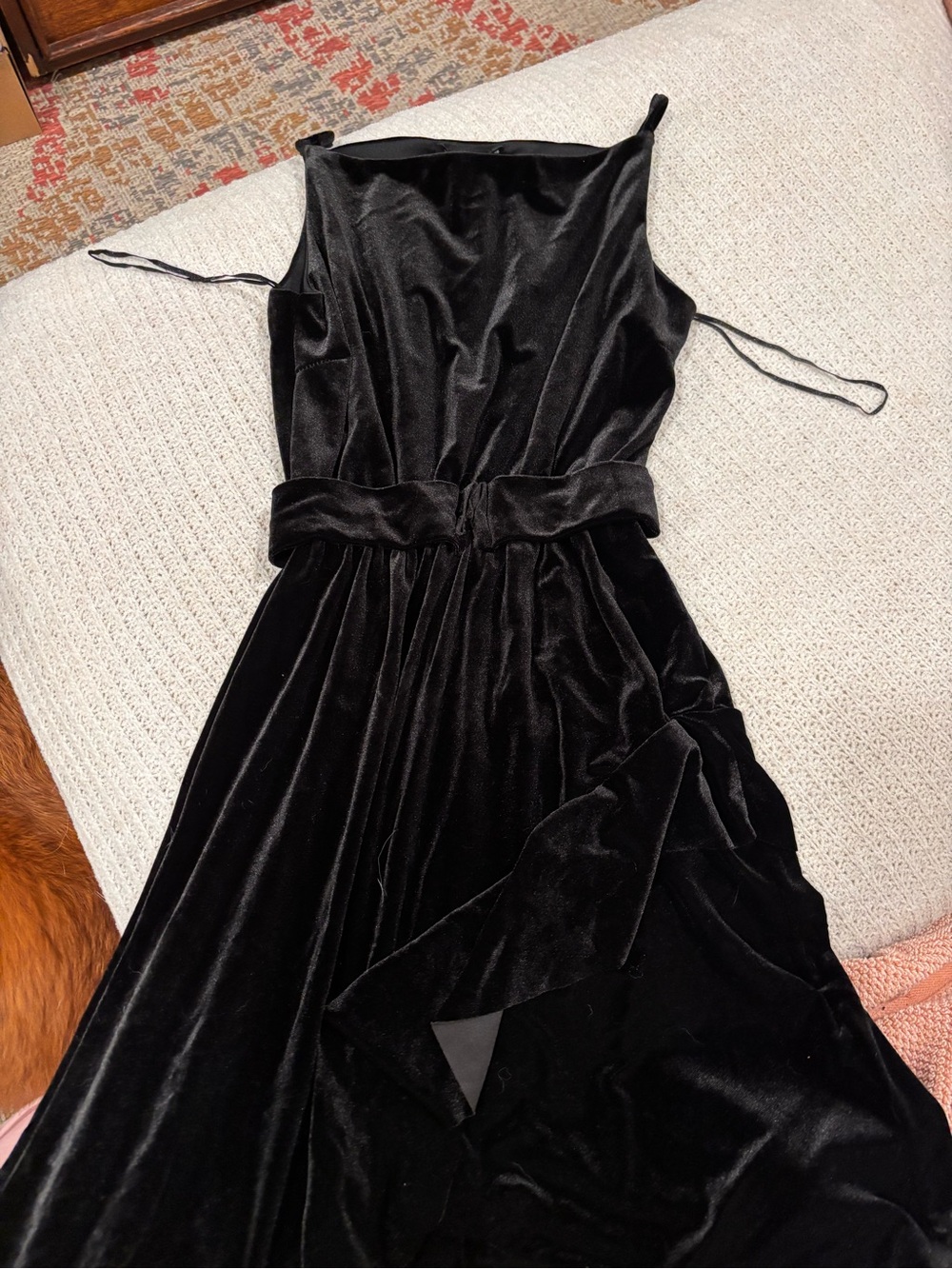 Black Velvet Maxi Dress with Waist Tie